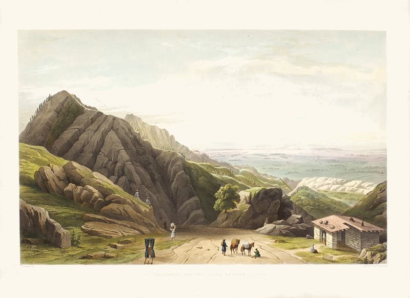 A hand-coloured view of Kasauli's hill and road at sunrise, with travellers on the road and the plains stretching away below