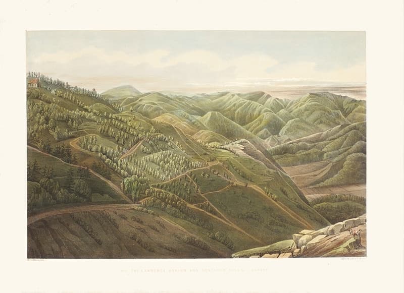 A hand-coloured view of the Lawrence Asylum at Sanawar on its wooded hill, with roads winding up the hills at sunset