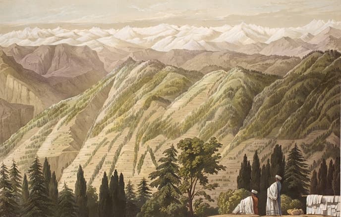 A hand-coloured view of the snowy range of the Himalaya at sunset above forested ridges, with two figures wrapped in shawls on the ridge in front, looking out